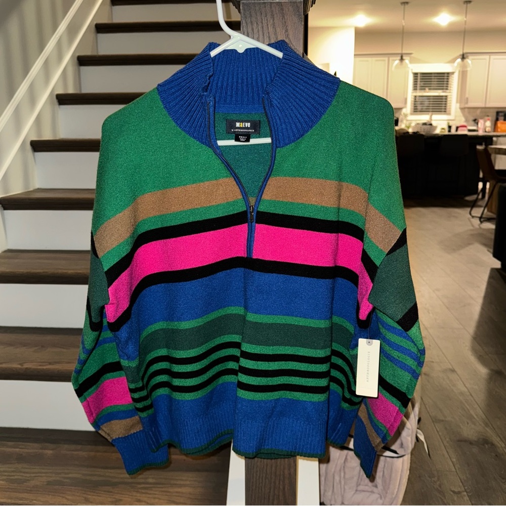 Anthropologie Maeve small striped half zip sweater